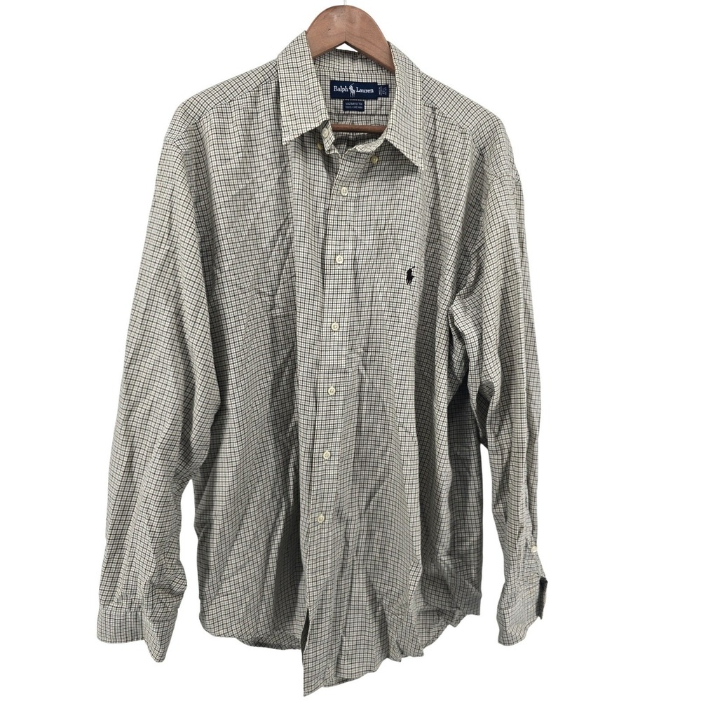 Ralph Lauren Button Down Shirt Mens 17.5 36/37 White Yarmouth Micro Check Cotton